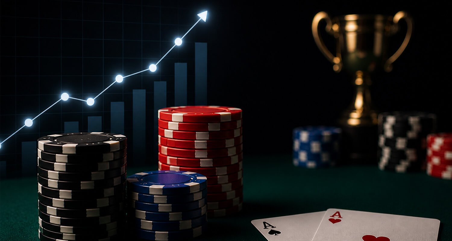 Poker chips stacked on a green felt table with two aces (Ace of spades and Ace of hearts), a rising graph in the background and a trophy, representing poker strategy and winning probability.