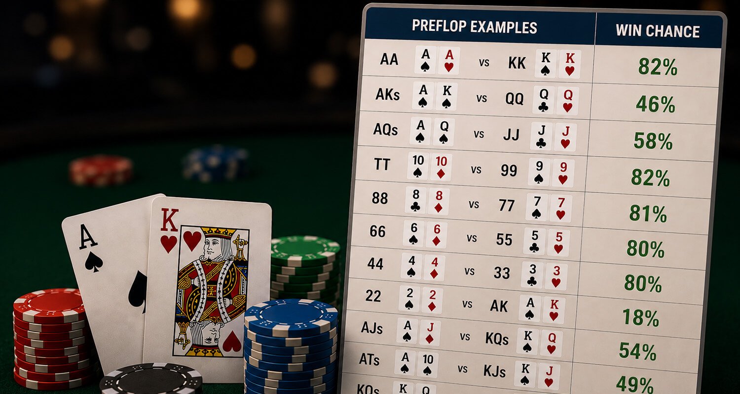 Texas Hold’em preflop odds chart showing common poker hand matchups and winning percentages next to poker chips and playing cards on a green casino table.