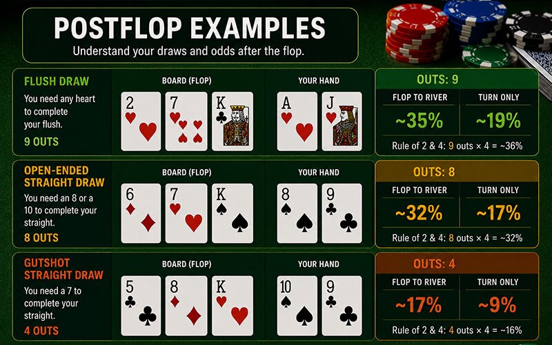 Poker postflop odds infographic showing flush draw, open-ended straight draw, and gutshot straight draw examples with poker cards, outs, and winning percentages on a green poker table background.