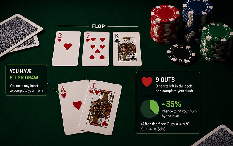 Poker flush draw example on the flop showing Ace and Jack of hearts with two hearts on the board, poker chips, and probability graphics explaining outs and odds to complete a flush