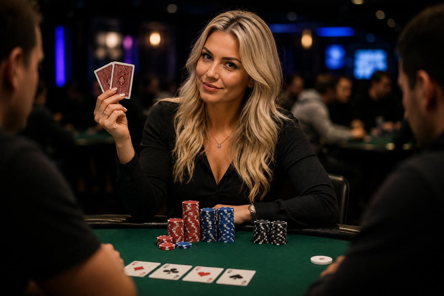 A confident blonde poker player smiles across a green felt poker table while holding two face-down hole cards, surrounded by large stacks of colorful poker chips. Two opponents watch from across the table in a realistic casino setting, creating a tense preflop atmosphere that represents the aggressive betting action involved in a 5-bet in Texas Hold'em.