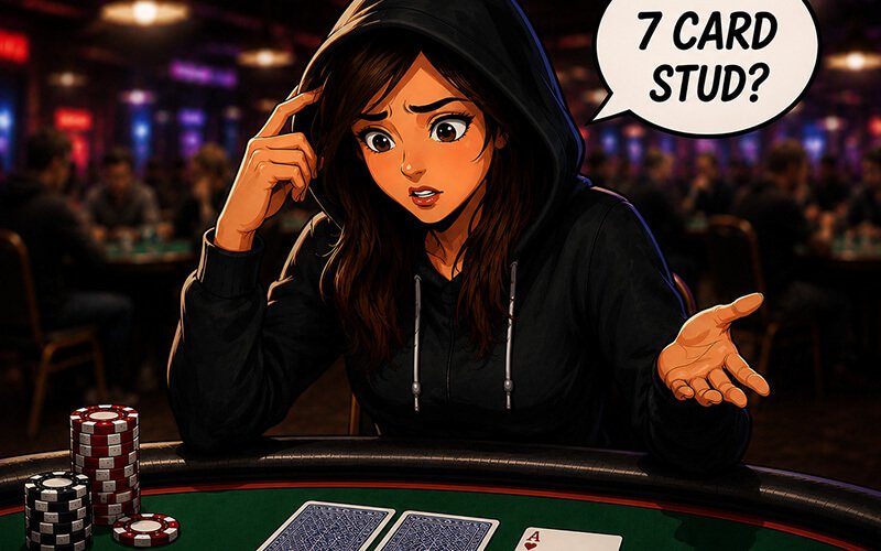 Comic-style digital illustration of a young woman in a black hoodie sitting at a poker table in a busy casino poker room. She looks confused and thoughtful while two cards lie face down on the table and one visible card shows the ace of hearts. A speech bubble above her reads ‘7 CARD STUD?’. The scene includes poker chips, blurred players in the background, and colorful casino lights.