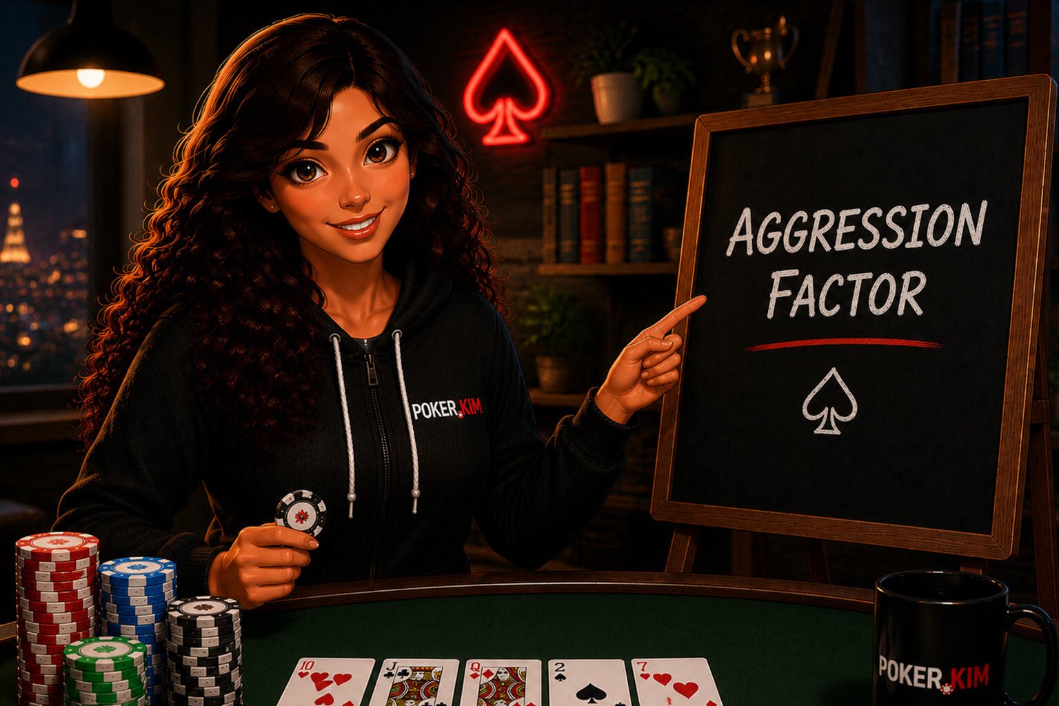 Stylized digital illustration of a smiling young woman with long curly dark hair wearing a black Poker.Kim hoodie standing beside a classroom-style chalkboard in a cozy poker study room. She points toward the board, which displays the title ‘Aggression Factor’ in large white lettering with a spade symbol beneath it. She holds a poker chip while standing behind a green felt poker table featuring colorful chip stacks, community cards, and a Poker.Kim coffee mug. The warmly lit room includes bookshelves, indoor plants, a glowing neon spade sign, and a city skyline visible through the window, creating an inviting educational setting for learning about aggression factor in poker.