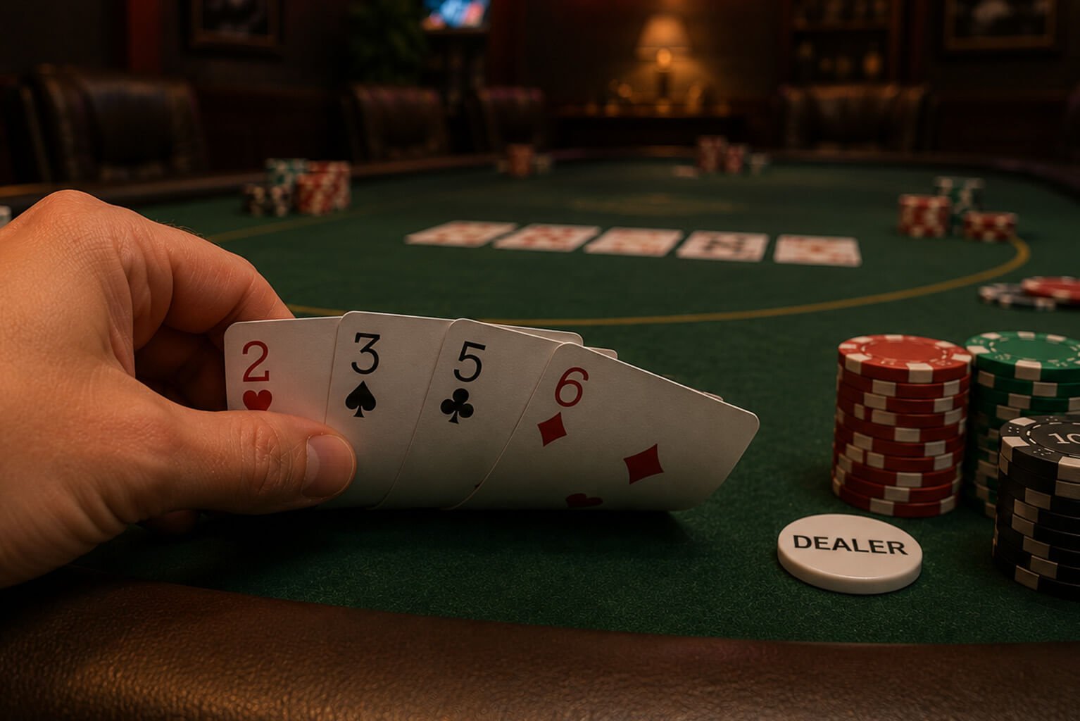 A player lifts four hole cards from a green poker table inside a stylish poker room. The cards are the 2 of hearts, 3 of spades, 5 of clubs, and 6 of diamonds. In the background, poker chips, a dealer button, community cards, and a glowing neon “POKER” sign create a classic casino atmosphere under warm lighting.