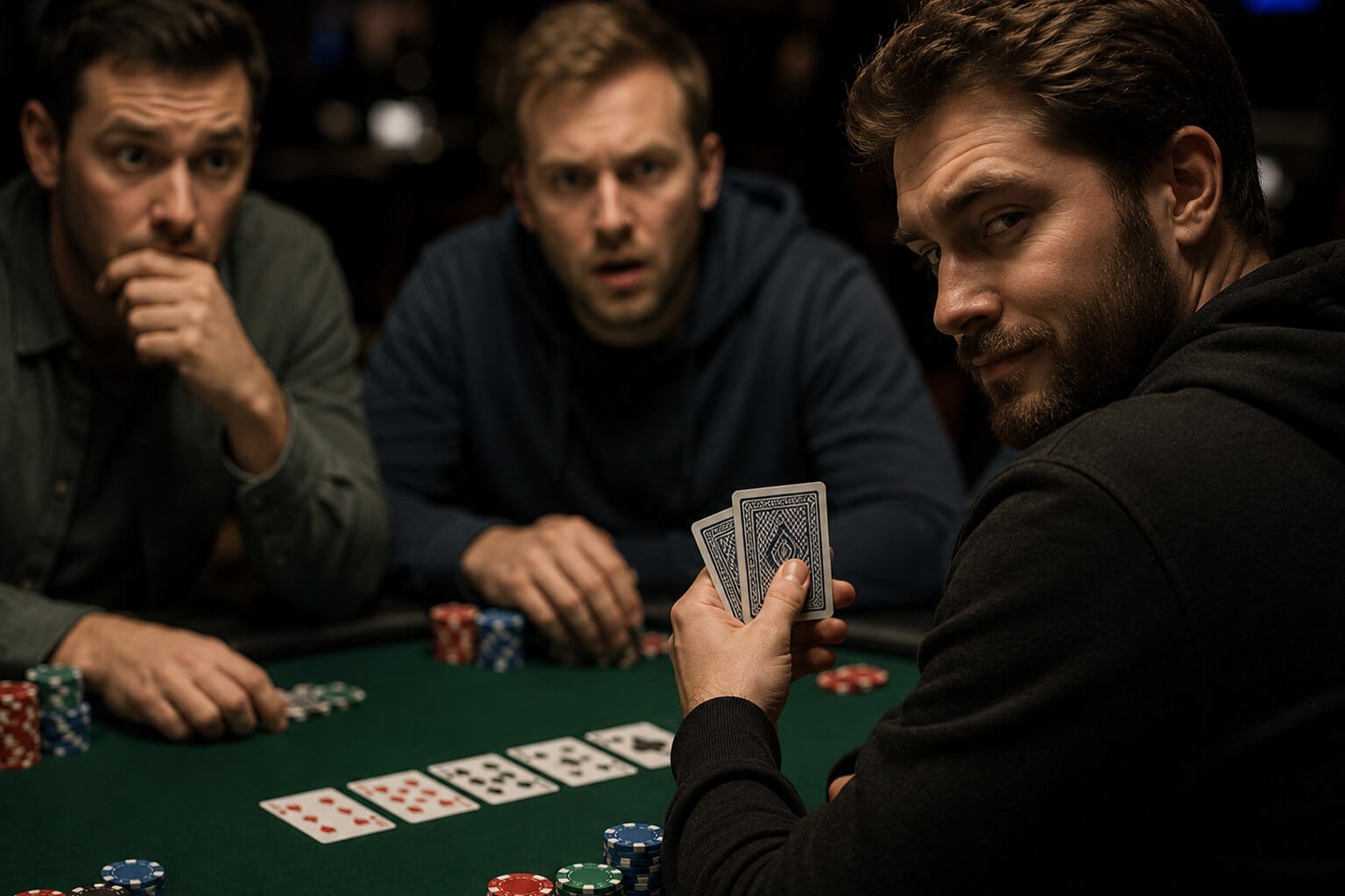 A confident poker player smirks while holding two hidden hole cards during a tense hand, suggesting a bluff. Across the table, two opponents study the situation with uncertain expressions as poker chips and community cards sit on the green felt, capturing the psychological battle that defines bluffing in poker.