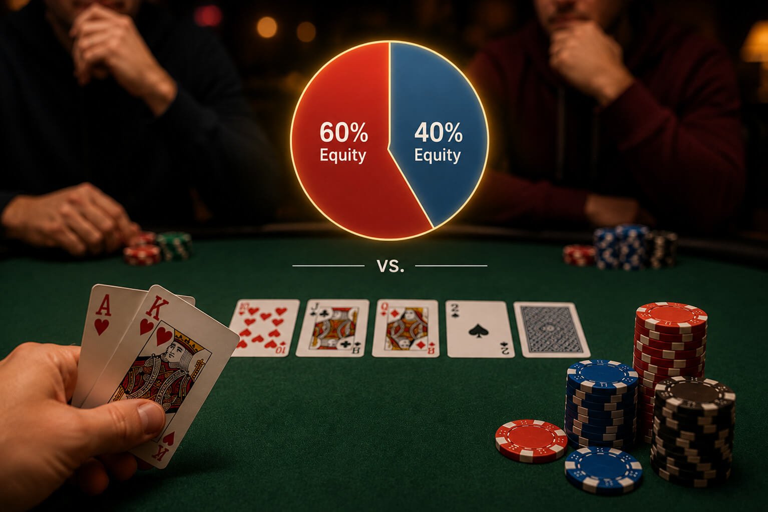 A poker player holds Ace-King of Hearts at a green felt poker table while a simple pie chart above the action illustrates a 60% versus 40% equity split. Community cards, poker chips, and two opponents in the background create a realistic casino atmosphere, visually representing the concept of poker equity—the percentage chance a hand has of winning the pot against an opponent's range or specific hand.