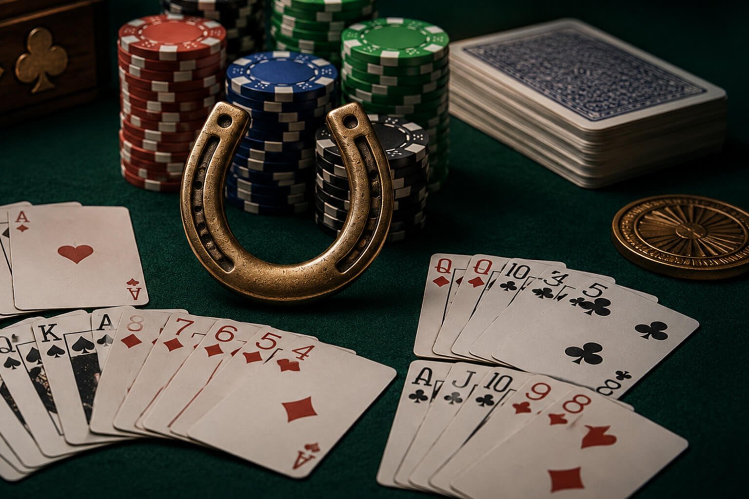A poker table featuring a horseshoe surrounded by poker chips and playing cards representing multiple poker variants. The dramatic casino-style scene symbolizes the mixed-game format HORSE poker, with green felt, stacked chips, and a deck of cards creating a professional tournament atmosphere.