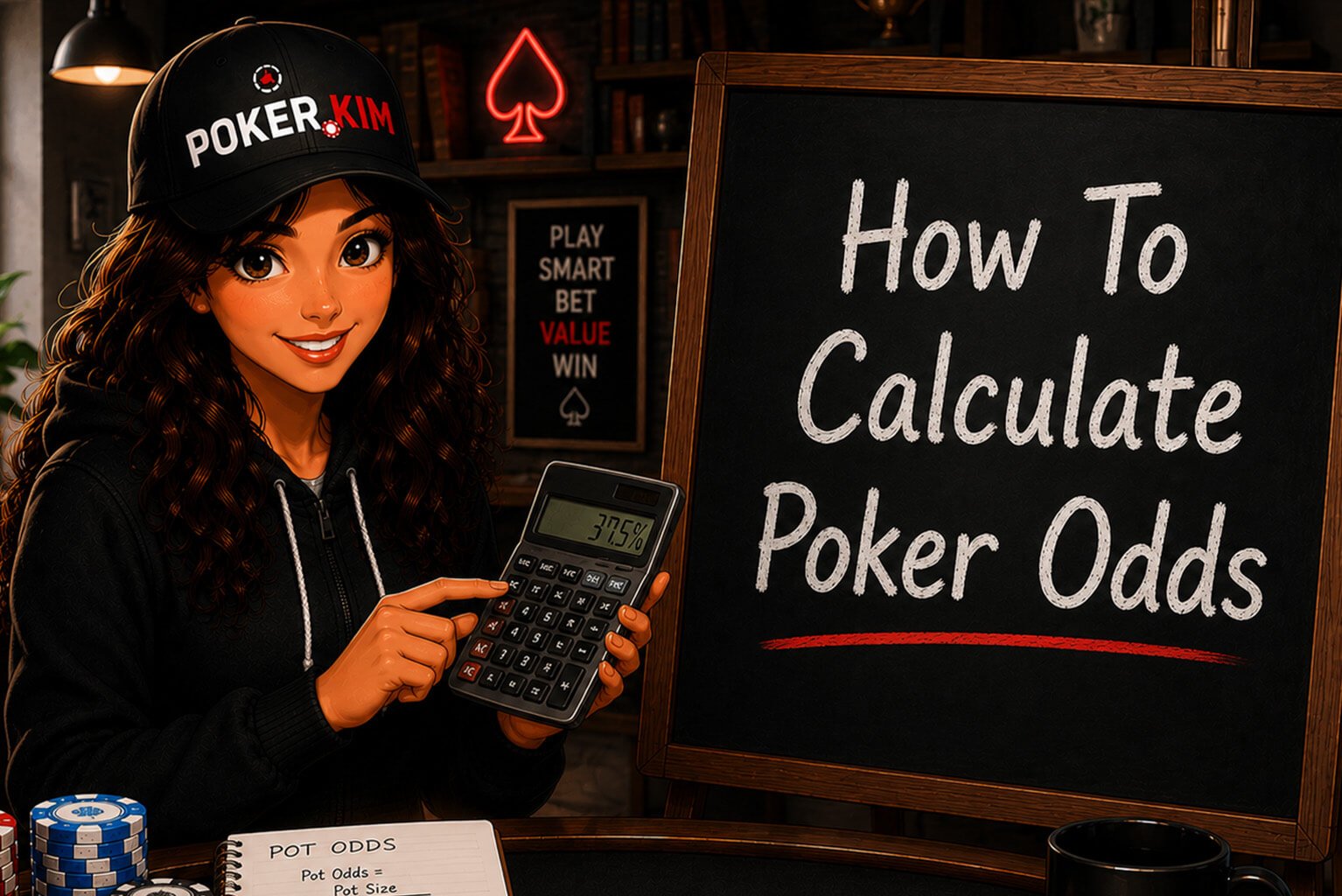 Stylized digital illustration of a smiling young woman wearing a black Poker.Kim cap and black hoodie standing at a poker table in a modern poker study room. She holds a calculator and presses the buttons while working through poker odds calculations. Beside her, a large classroom-style chalkboard displays the title ‘How To Calculate Poker Odds’ in bold white lettering. On the table are stacks of colorful poker chips, two face-down playing cards, a notebook with poker odds formulas, a white dealer button, and a Poker.Kim coffee mug. Bookshelves, warm lighting, indoor plants, and poker-themed décor create a welcoming educational environment focused on learning poker math and probability.