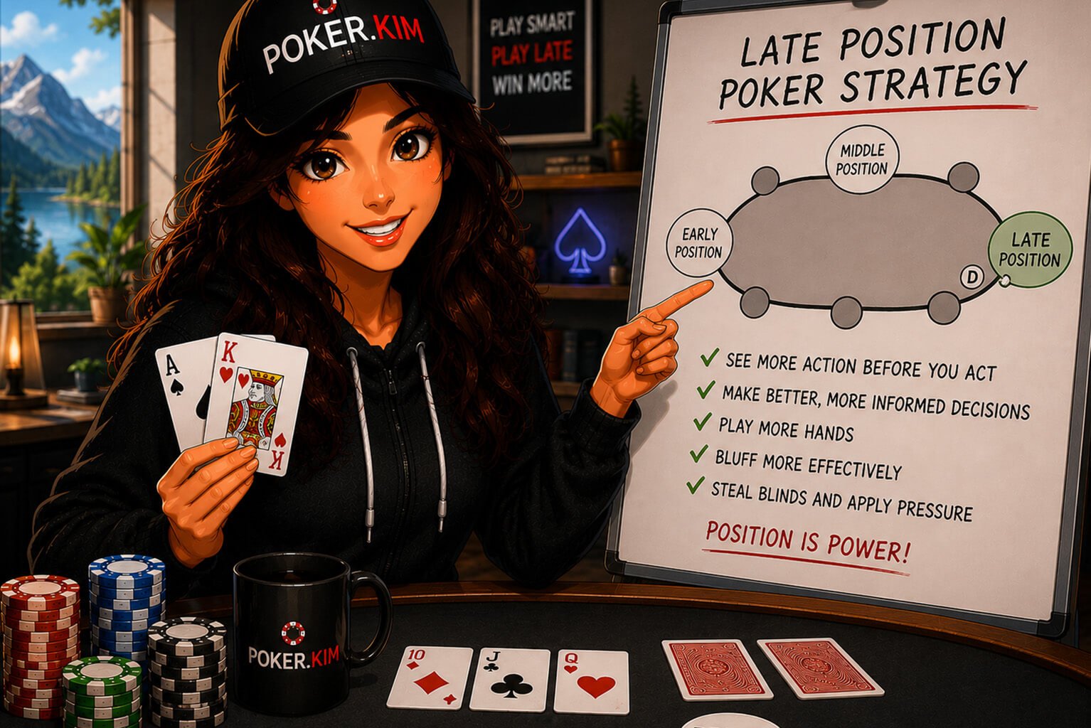 Stylized digital illustration of a smiling young woman wearing a black Poker.Kim cap and black hoodie sitting at a poker table in a bright modern poker study room. She holds ace-king starting cards while pointing to a strategy board titled ‘Late Position Poker Strategy.’ The board highlights the late position seats at a poker table and explains the advantages of acting later in the betting order. Poker chips, a Poker.Kim coffee mug, community cards, two face-down cards, and a white dealer button are arranged on the table. Large windows, bookshelves, and natural daylight create a fresh educational setting focused on teaching late position strategy in poker.