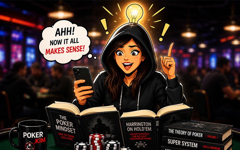 Cartoon-style illustration of a young woman in a black hoodie sitting at a poker table in a busy casino poker room. She looks excited and confident after understanding poker strategy, holding a smartphone while surrounded by poker books, poker chips, and playing cards. A glowing lightbulb above her head symbolizes an ‘aha’ moment, with a speech bubble saying ‘AHH! NOW IT ALL MAKES SENSE!’. The background is a blurred poker room with warm lights and players