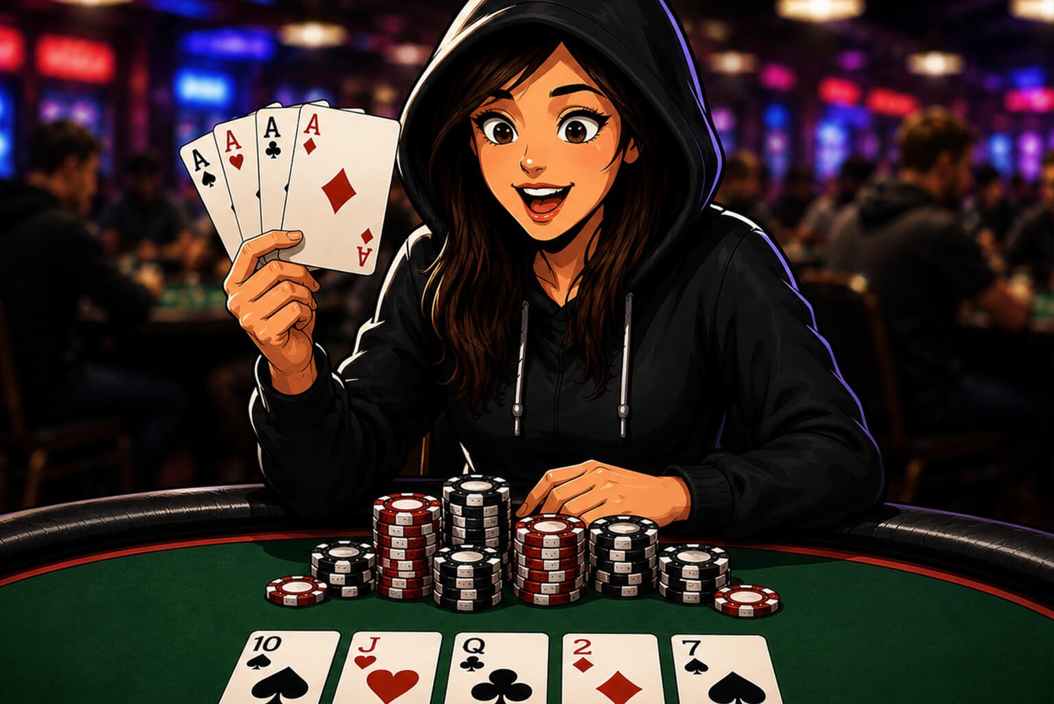 Stylized digital illustration of a happy young woman in a black hoodie sitting at a poker table in a colorful casino poker room. She is smiling excitedly while holding four aces in her hand, showing a powerful poker hand. Poker chips are stacked on the table in front of her along with community cards. The background features blurred poker players and warm neon casino lights, creating an energetic and celebratory poker atmosphere.