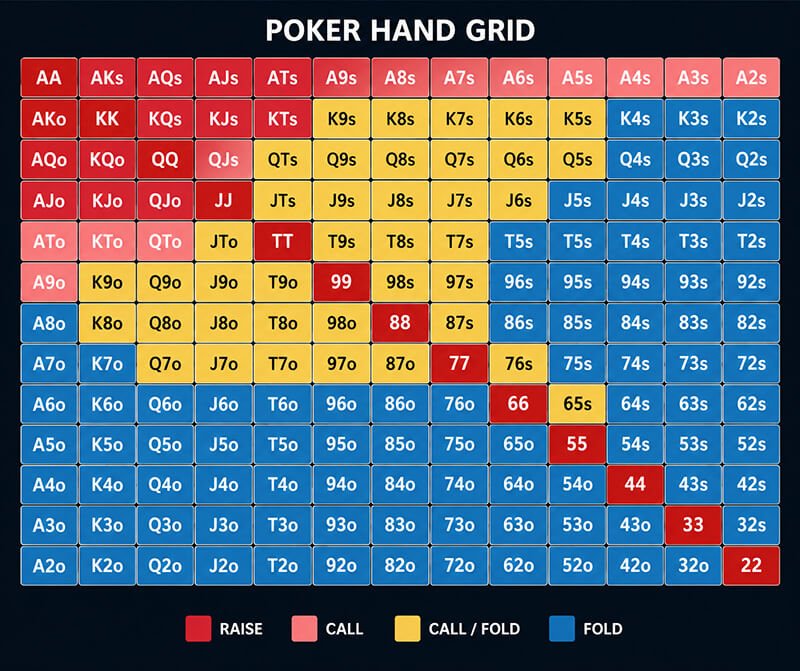 A color-coded 13×13 poker starting hand grid displays every possible Texas Hold'em starting hand, from pocket pairs such as AA and KK to suited and offsuit combinations like AKs, QJs, and ATo. Different colors represent recommended actions or hand strengths, providing a visual reference for poker hand ranges and preflop strategy.