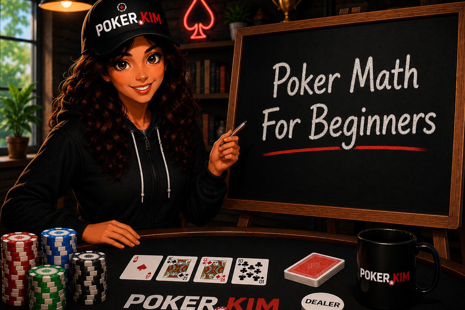 Stylized digital illustration of a smiling young woman wearing a black Poker.Kim cap and black hoodie standing beside a classroom-style chalkboard in a modern poker study room. She holds a piece of chalk while pointing toward the board, which displays the title ‘Poker Math For Beginners’ in large white lettering. In front of her are stacks of colorful poker chips, a Poker.Kim coffee mug, a white dealer button, a deck of playing cards, and several face-up cards on a poker table featuring Poker.Kim branding. The room includes bookshelves, warm lighting, a large window with a scenic outdoor view, and subtle poker-themed décor, creating a welcoming educational environment for beginners learning poker math.