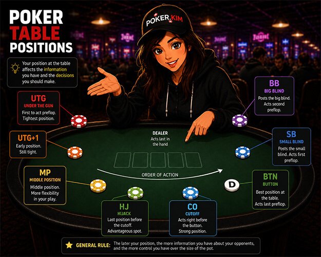 Educational poker infographic showing a young woman in a black ‘POKER.KIM’ cap and black hoodie sitting at a poker table inside a colorful casino poker room. She gestures toward a poker table displaying the different poker table positions, including UTG, UTG+1, MP, HJ, CO, BTN, SB, and BB, each marked with colored chips and explanation boxes. Large headline text reads ‘POKER TABLE POSITIONS’. The background features blurred casino lights and poker players, creating a modern and energetic poker learning atmosphere.