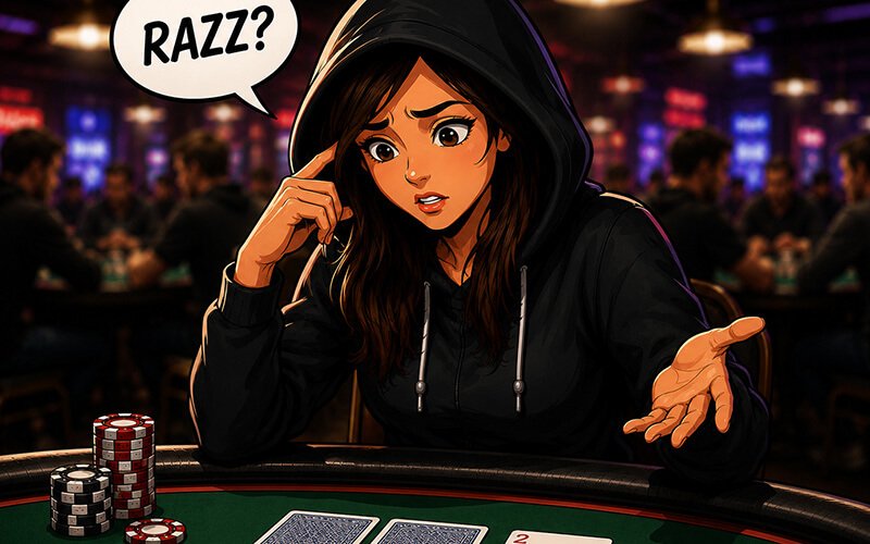 Stylized digital illustration of a confused young woman in a black hoodie sitting at a poker table inside a colorful casino poker room. Two playing cards lie face down on the table while one visible card shows the two of hearts. She looks puzzled with one hand touching her head as a speech bubble above her says ‘RAZZ?’. Poker chips are stacked beside her, and the background features blurred poker players and warm casino lighting.