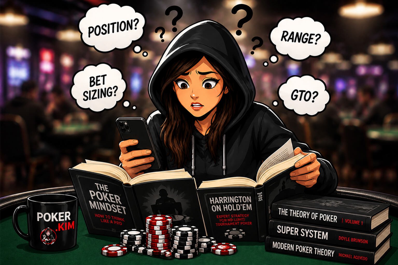 Stylized cartoon illustration of a young woman in a black hoodie sitting at a poker table in a blurred casino poker room. She looks confused while studying poker strategy books and checking her smartphone at the same time. Around her are poker chips, stacked books about poker theory, and thought bubbles with poker terms like ‘POSITION?’, ‘RANGE?’, ‘BET SIZING?’ and ‘GTO?’. The scene represents a beginner trying to learn advanced poker strategy.