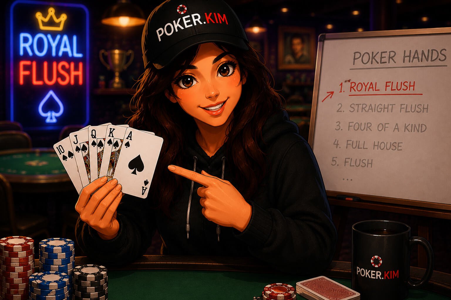 Stylized digital illustration of a smiling young woman wearing a black Poker.Kim cap and black hoodie while sitting at a poker table inside a colorful casino poker room. She proudly holds a Royal Flush in spades, showing the ten, jack, queen, king, and ace. She points to the cards with an excited expression, emphasizing the strongest possible poker hand. In the background, a presentation board highlights ‘Royal Flush’ as the top poker hand, while stacks of poker chips, a Poker.Kim coffee mug, and playing cards sit on the table. The blurred casino setting features warm lighting and neon poker-themed signs, creating a vibrant educational atmosphere about poker hand rankings.