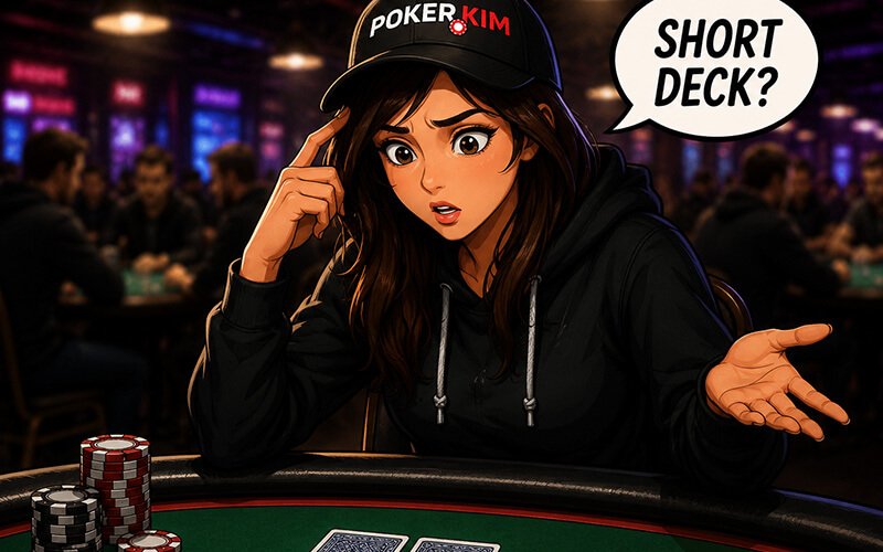 Stylized illustration of a confused young woman wearing a black ‘POKER KIM’ cap and black hoodie while sitting at a poker table in a lively casino poker room. Two playing cards lie face down on the table in front of her as she gestures with a puzzled expression. A speech bubble above her reads ‘SHORT DECK?’. Poker chips sit beside her, and the background features blurred poker players and warm neon casino lighting.