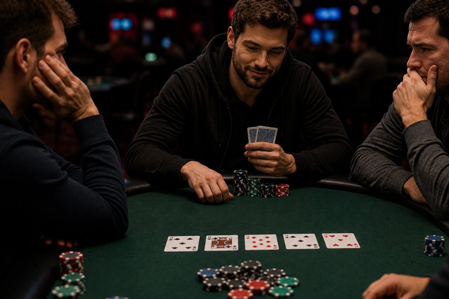 A poker player with a confident expression quietly checks while holding what appears to be a very strong hand, disguising the strength of their cards instead of betting aggressively. Opponents around the table study the situation, unaware of the trap, while community cards and poker chips sit on the green felt under dramatic casino lighting, illustrating the concept of slow playing in poker.