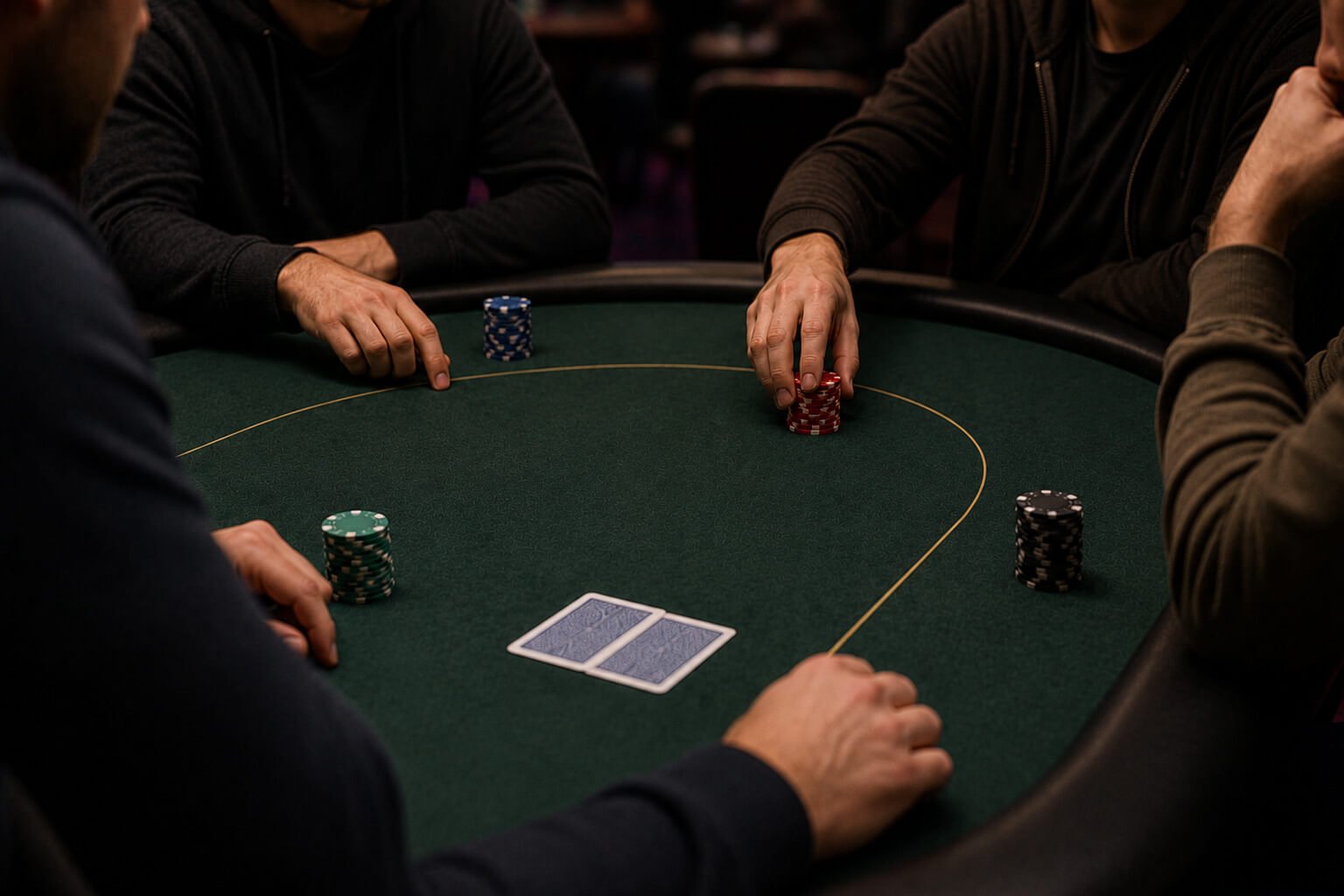 A live poker table showing the preflop betting stage, where the small blind and big blind have already posted their forced bets. The player immediately to the left of the big blind reaches forward to place an additional stack of chips as a straddle, creating a larger opening wager before the cards are played. The scene features a green felt table, face-down hole cards, poker chips, and dramatic casino lighting.