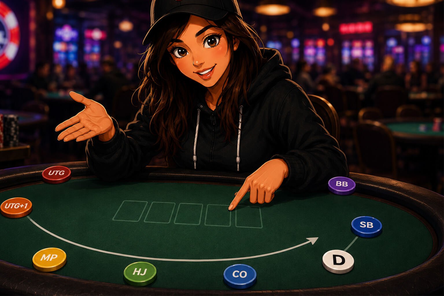 Stylized digital illustration of a young woman wearing a black hoodie and cap while explaining poker table positions inside a colorful casino poker room. She gestures toward a green poker table featuring labeled position markers including UTG, MP, HJ, CO, BTN, SB, and BB, along with a white dealer button. The background is filled with blurred poker players, warm neon casino lights, and stacks of poker chips, creating an energetic and educational poker atmosphere.
