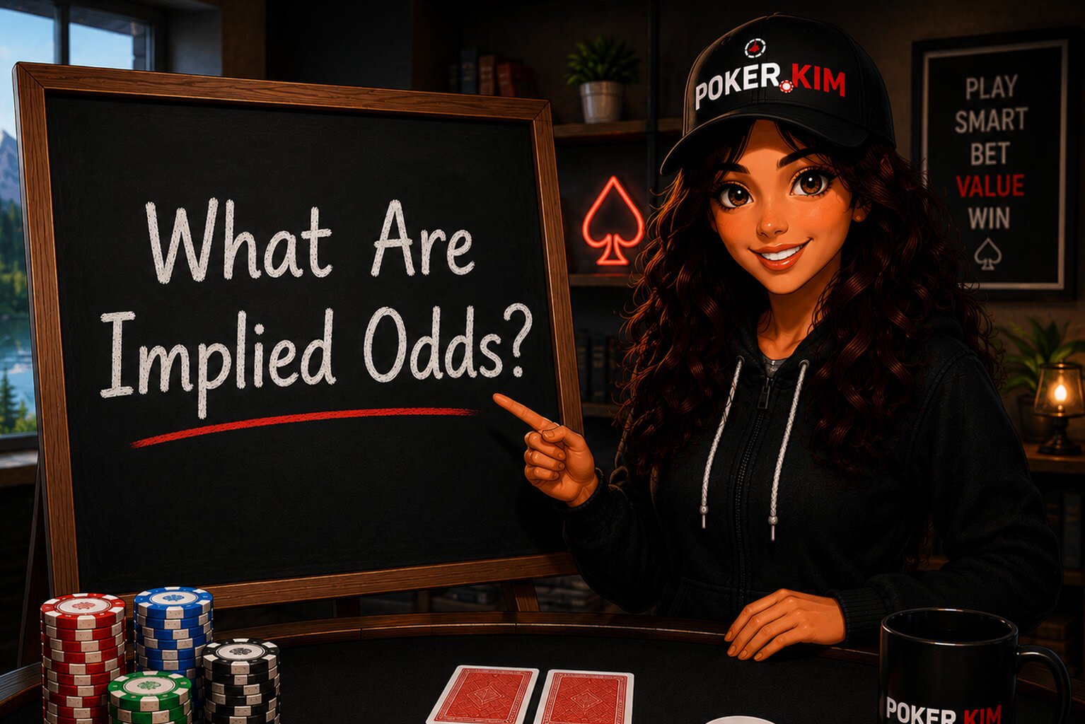 Stylized digital illustration of a smiling young woman wearing a black Poker.Kim cap and black hoodie standing beside a classroom-style chalkboard in a modern poker study room. She points toward the board, which displays the title ‘What Are Implied Odds?’ in large white lettering. In front of her are stacks of colorful poker chips, two face-down playing cards, a white dealer button, a Poker.Kim coffee mug, and a poker table with Poker.Kim branding. The room features bookshelves, warm lighting, indoor plants, and a large window overlooking a scenic landscape, creating a welcoming educational setting for learning implied odds in poker.