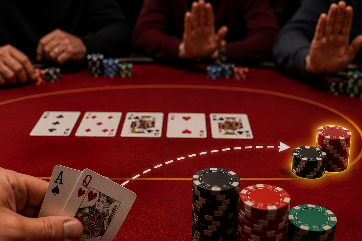 A poker player holds the Ace of Spades and Queen of Hearts over a red felt poker table while several opponents appear ready to fold. A simple dashed arrow points toward a stack of poker chips, symbolizing fold equity—the value gained when a bet or raise causes opponents to fold. The dramatic casino setting emphasizes the strategic pressure and potential to win the pot without a showdown.
