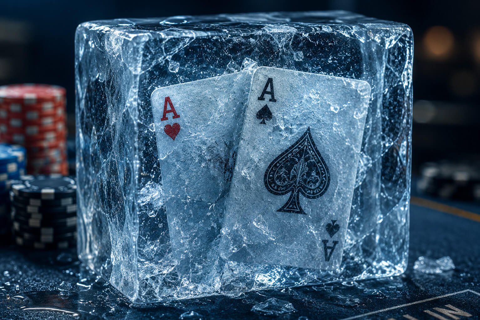 Two pocket aces—Ace of Hearts and Ace of Spades—are frozen inside a large block of clear ice resting on a dark poker table. Poker chips and scattered ice surround the block, while cool blue lighting creates a dramatic, high-stakes casino atmosphere, symbolizing the poker hand "Pocket Rockets" being put on ice.