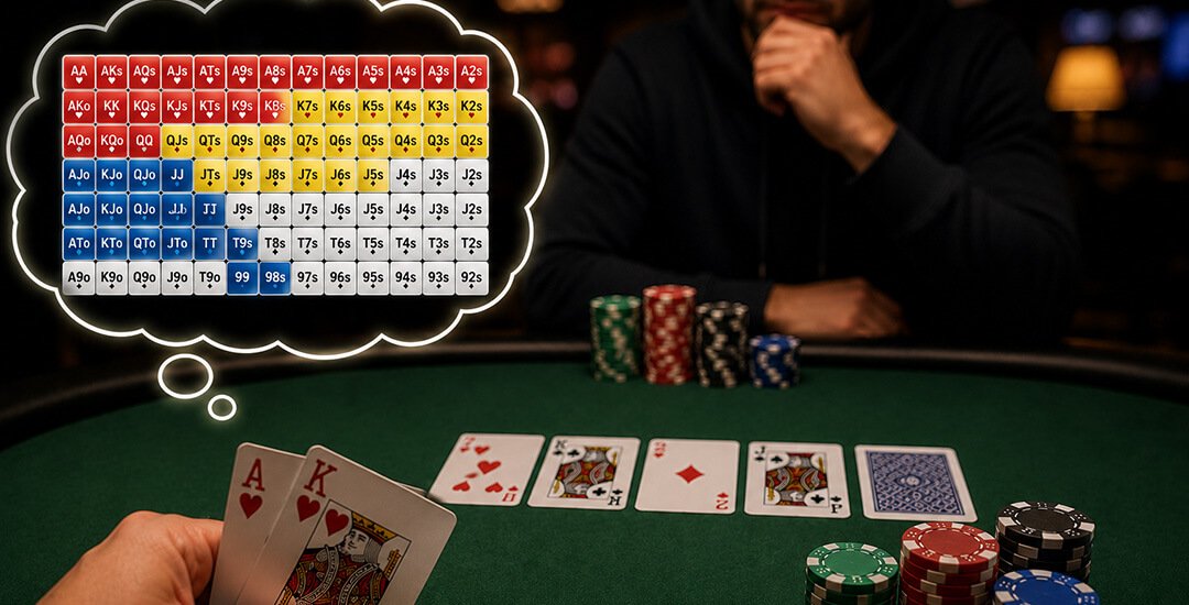 A poker player studies the action at a green felt poker table while holding Ace-King of Hearts. Above the table, a simplified starting hand range chart appears in a thought bubble, illustrating the collection of hands an opponent might hold rather than a single specific hand. Poker chips, community cards, and a softly blurred casino background create a realistic atmosphere that represents the concept of poker ranges and strategic hand reading.