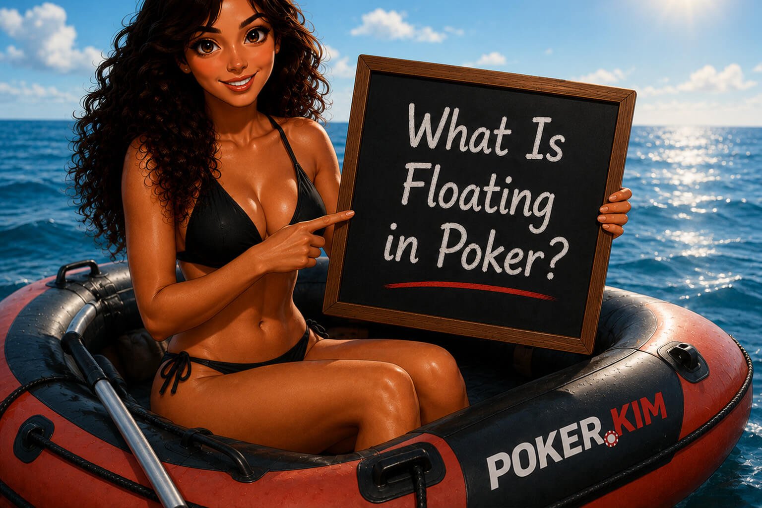 A lady sits in a swimsuit in a rubber boat with a sign that says What Is Floating in Poker?