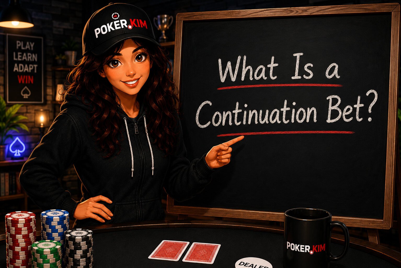 Stylized digital illustration of a smiling young woman wearing a black Poker.Kim cap and black hoodie standing beside a classroom-style chalkboard in a modern poker study room. She points to the board, which displays the title ‘What Is a Continuation Bet?’ in large white lettering. In front of her are stacks of colorful poker chips, two face-down playing cards, a white dealer button, a Poker.Kim coffee mug, and a poker table with Poker.Kim branding. The room features bookshelves, warm lighting, and poker-themed décor, creating a welcoming educational setting for learning continuation bet strategy in poker.