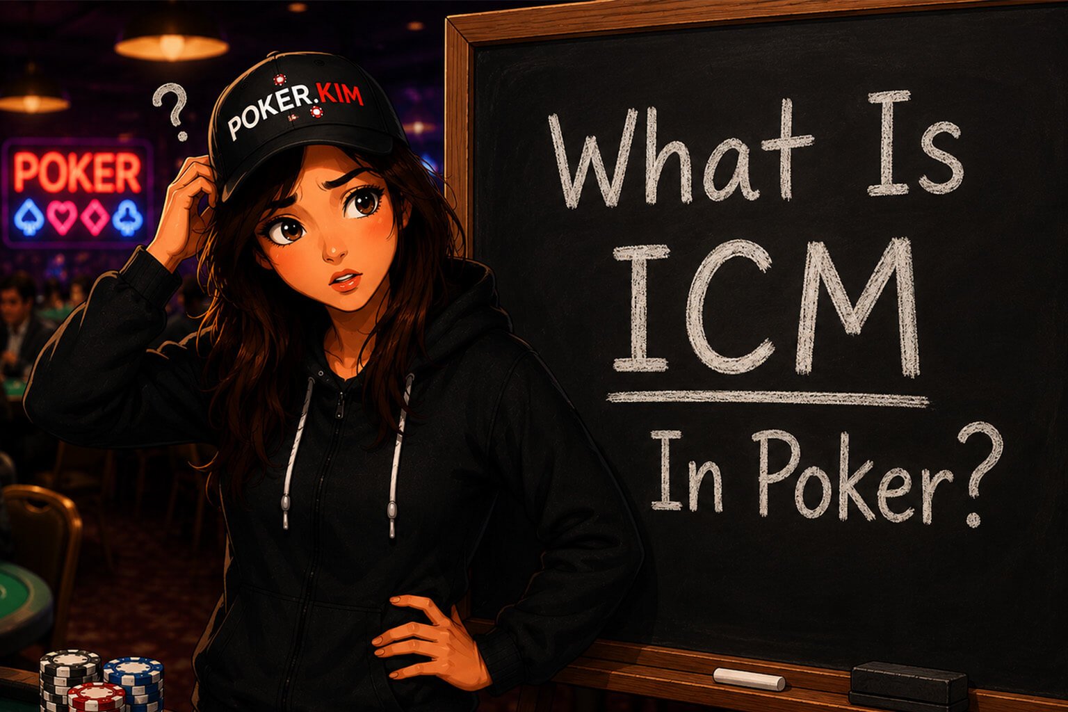 Stylized digital illustration of a young woman wearing a black Poker.Kim cap and black hoodie standing beside a classroom-style chalkboard in a casino poker room. She scratches her head with a confused expression while looking at the board, which reads ‘What Is ICM In Poker?’. A small question mark above her head emphasizes her uncertainty. The background features blurred poker tables, colorful casino lights, and stacks of poker chips, creating a fun and educational atmosphere for learning advanced poker strategy.
