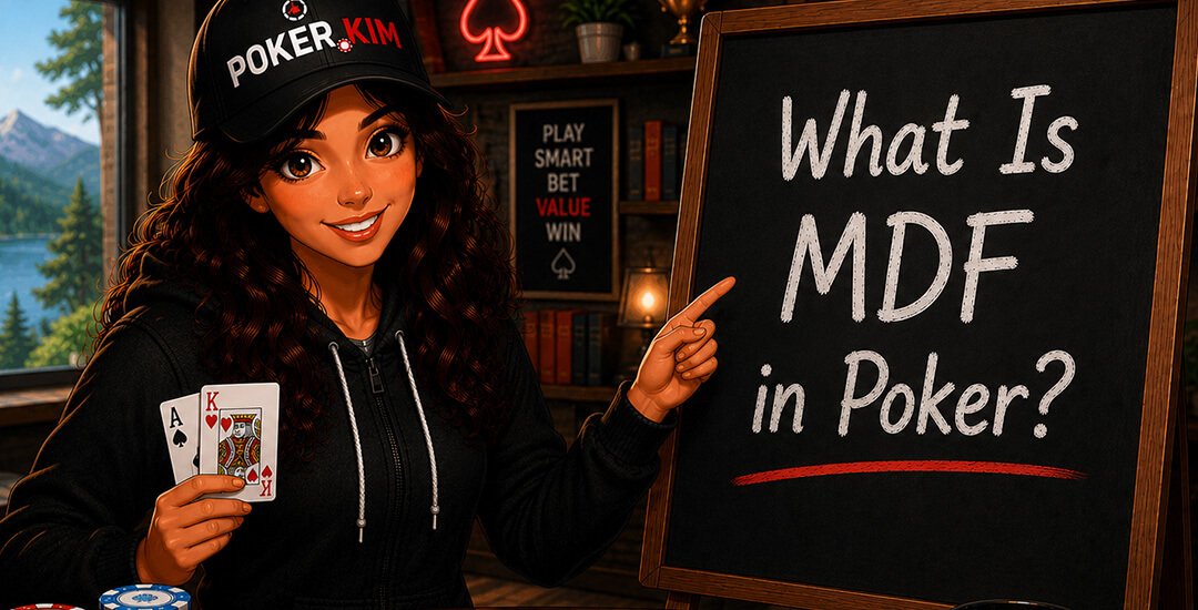 Stylized digital illustration of a smiling young woman wearing a black Poker.Kim cap and black hoodie standing beside a classroom-style chalkboard in a modern poker study room. She points toward the board, which displays the title ‘What Is MDF in Poker?’ in large white lettering, while holding ace-king suited in her other hand. On the poker table are stacks of colorful poker chips, community cards, a white dealer button, a Poker.Kim coffee mug, and Poker.Kim branding. The room features bookshelves, warm lighting, a scenic mountain view through the window, and poker-themed décor, creating an inviting educational setting for learning about Minimum Defense Frequency (MDF) in poker