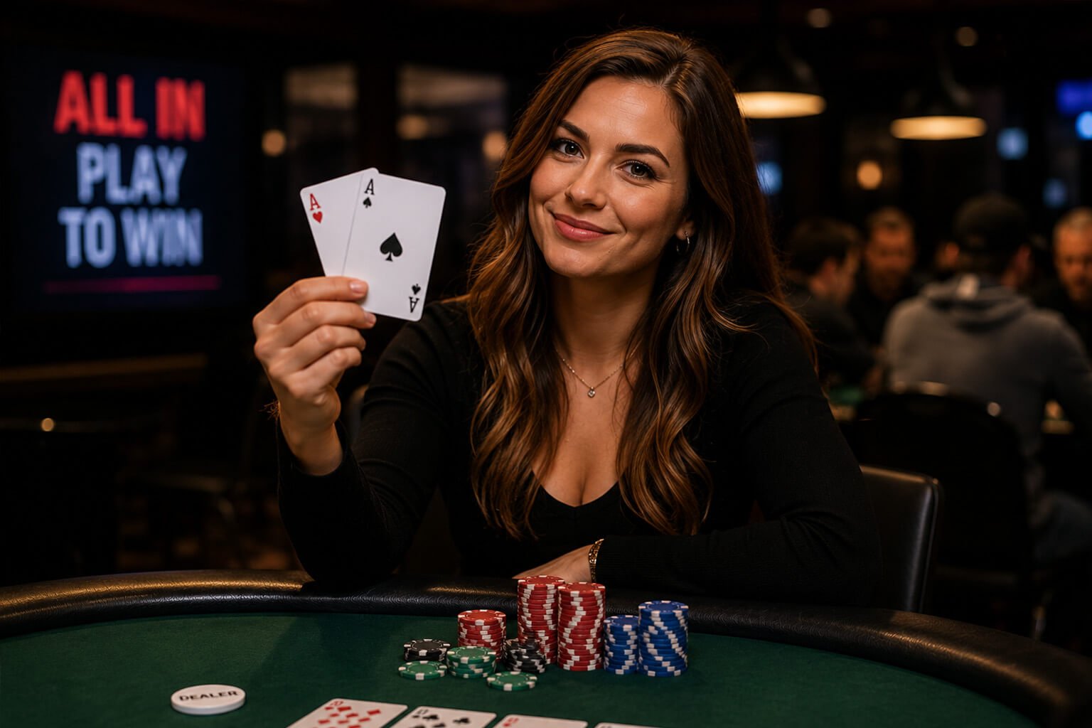 A smiling female poker player sits at a green felt poker table, proudly holding up pocket aces—the Ace of Hearts and Ace of Spades. Colorful stacks of poker chips, community cards, and a dealer button are visible on the table, while other players are softly blurred in the background, creating a warm and inviting casino atmosphere that highlights the strongest starting hand in Texas Hold'em.