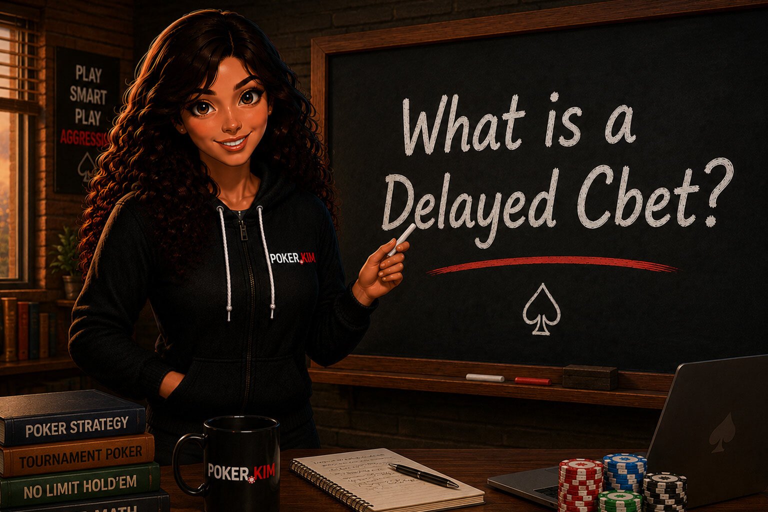 A stylized illustration of a smiling woman with curly dark hair wearing a black Poker.kim hoodie stands in a classroom, pointing at a chalkboard that reads “What is a Delayed Cbet?”. A desk in front of her holds poker chips, a laptop, a notebook, poker strategy books, and a Poker.kim mug, while bookshelves and poker-themed décor create a warm, educational atmosphere.