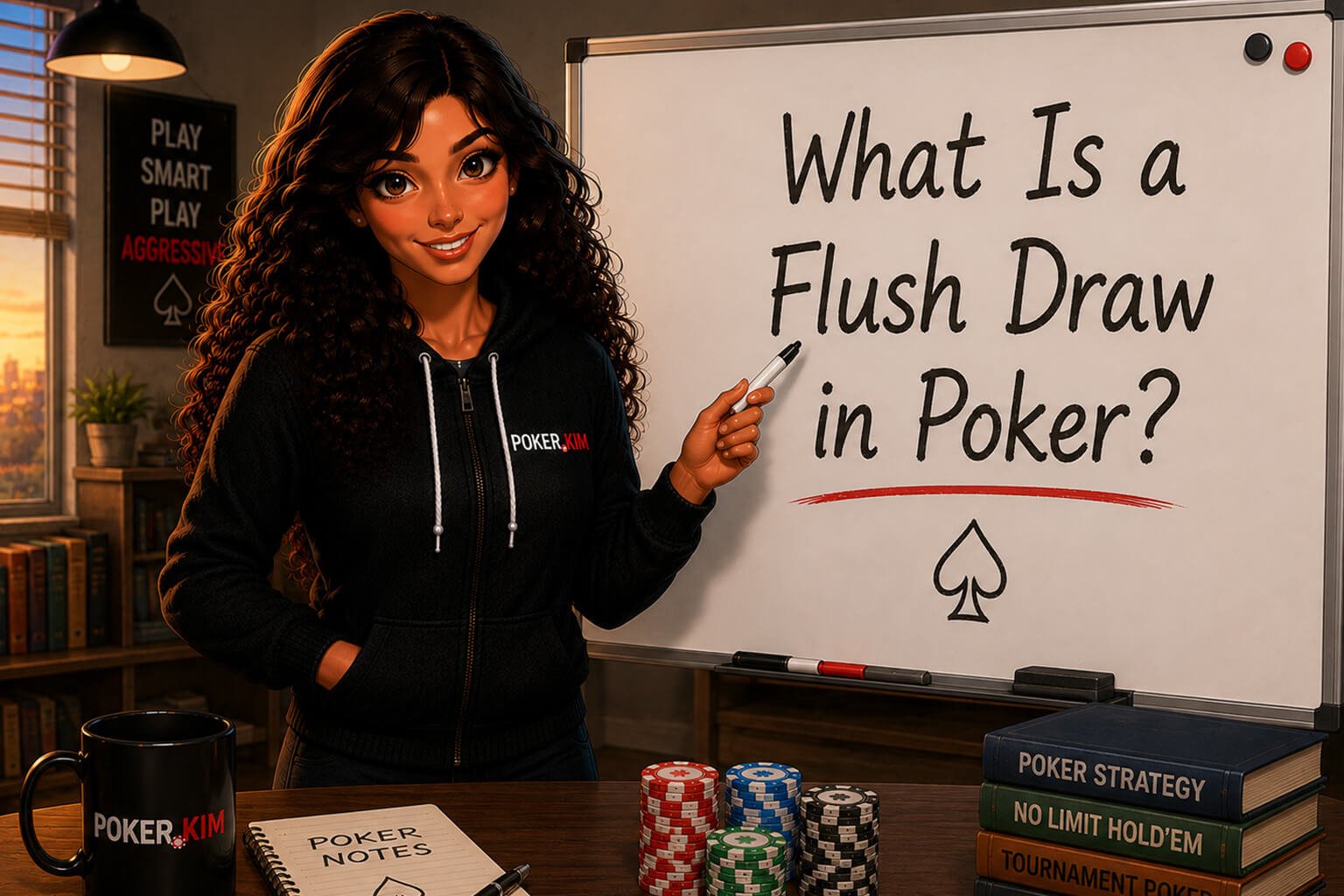 Illustration of a woman in a black Poker.kim hoodie pointing at a whiteboard that reads “What Is a Flush Draw in Poker?”, with poker chips, cards and strategy books on the desk.
