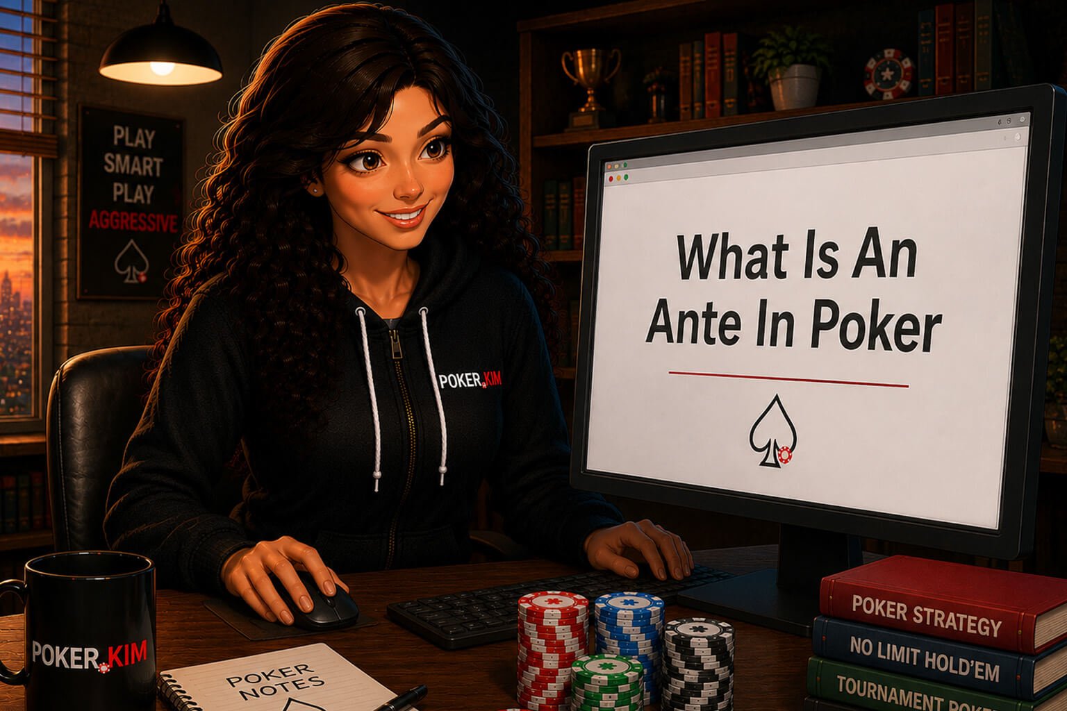 Illustration of a woman in a black Poker.kim hoodie looking at a computer screen displaying “What Is An Ante In Poker,” with poker chips, strategy books, notes and a Poker.kim mug on the desk.