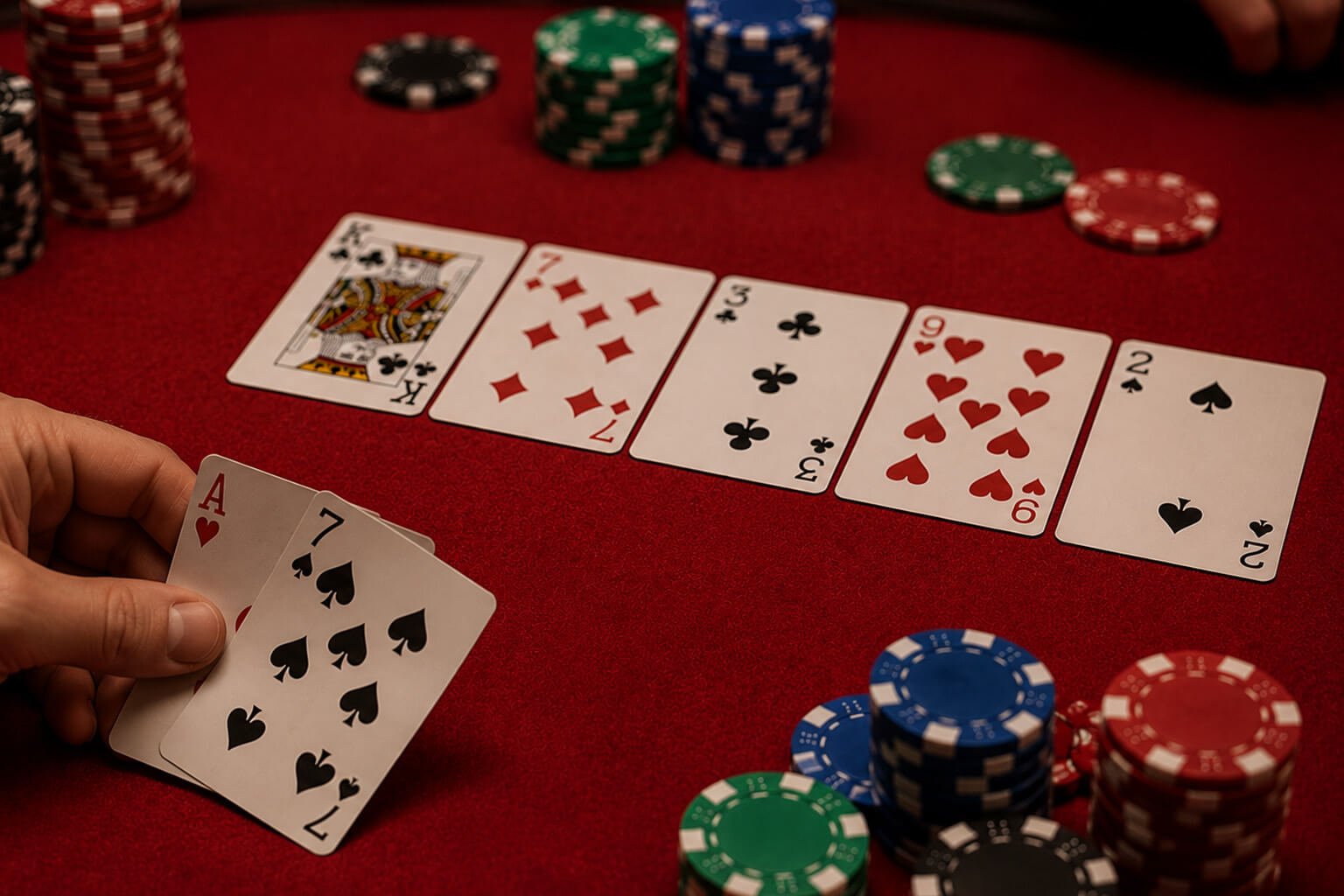 A close-up of a poker hand on a red felt table showing a player holding the Ace of Hearts and Seven of Spades. The community cards include the Ace of Clubs, Seven of Diamonds, Three of Clubs, Nine of Hearts, and Two of Spades, giving the player exactly one pair (a pair of aces). Colorful poker chips and warm casino lighting create a realistic Texas Hold'em atmosphere.