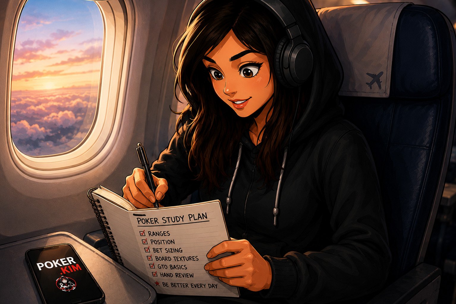 Stylized digital illustration of a young woman sitting on an airplane while studying poker strategy during a flight. She wears large black headphones and a black hoodie while writing notes in a notebook labeled ‘Poker Study Plan’. The checklist includes poker concepts such as ranges, position, bet sizing, board textures, GTO basics, and hand review. A smartphone displaying the Poker.Kim logo lies on the tray table beside her. The airplane window shows a colorful sunset sky above the clouds, creating a calm and focused travel atmosphere.