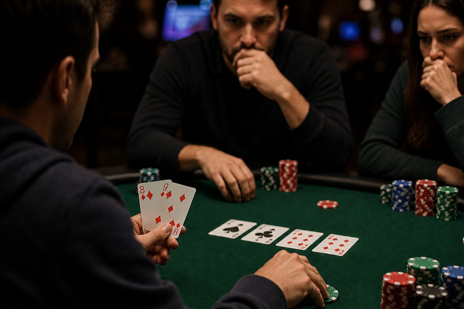 A poker player holds the 8♦ and 9♦ while making an aggressive bet on the flop, representing a semi-bluff with a drawing hand. Two opponents watch the action intently across the table as poker chips and community cards create a tense tournament atmosphere, illustrating a situation where the bettor can win immediately or improve to a strong hand on later streets.