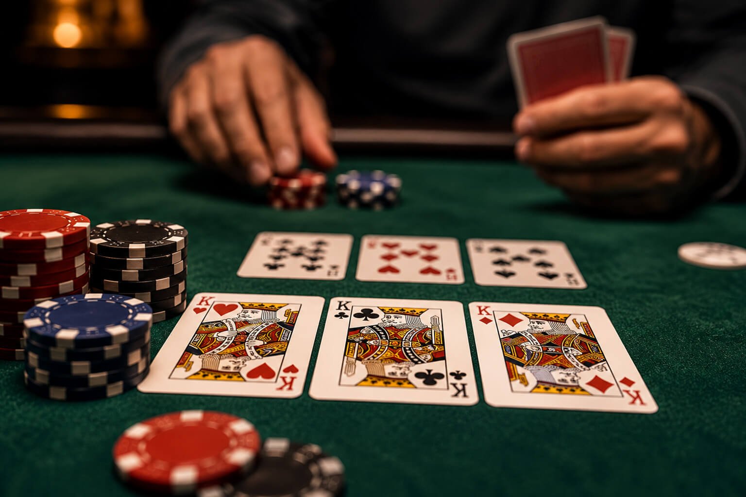 A poker table displays three kings, forming three of a kind, surrounded by colorful poker chips on a green felt surface. A player holding hole cards is blurred in the background, creating a dramatic casino atmosphere that illustrates one of the classic made hands in Texas Hold'em poker.