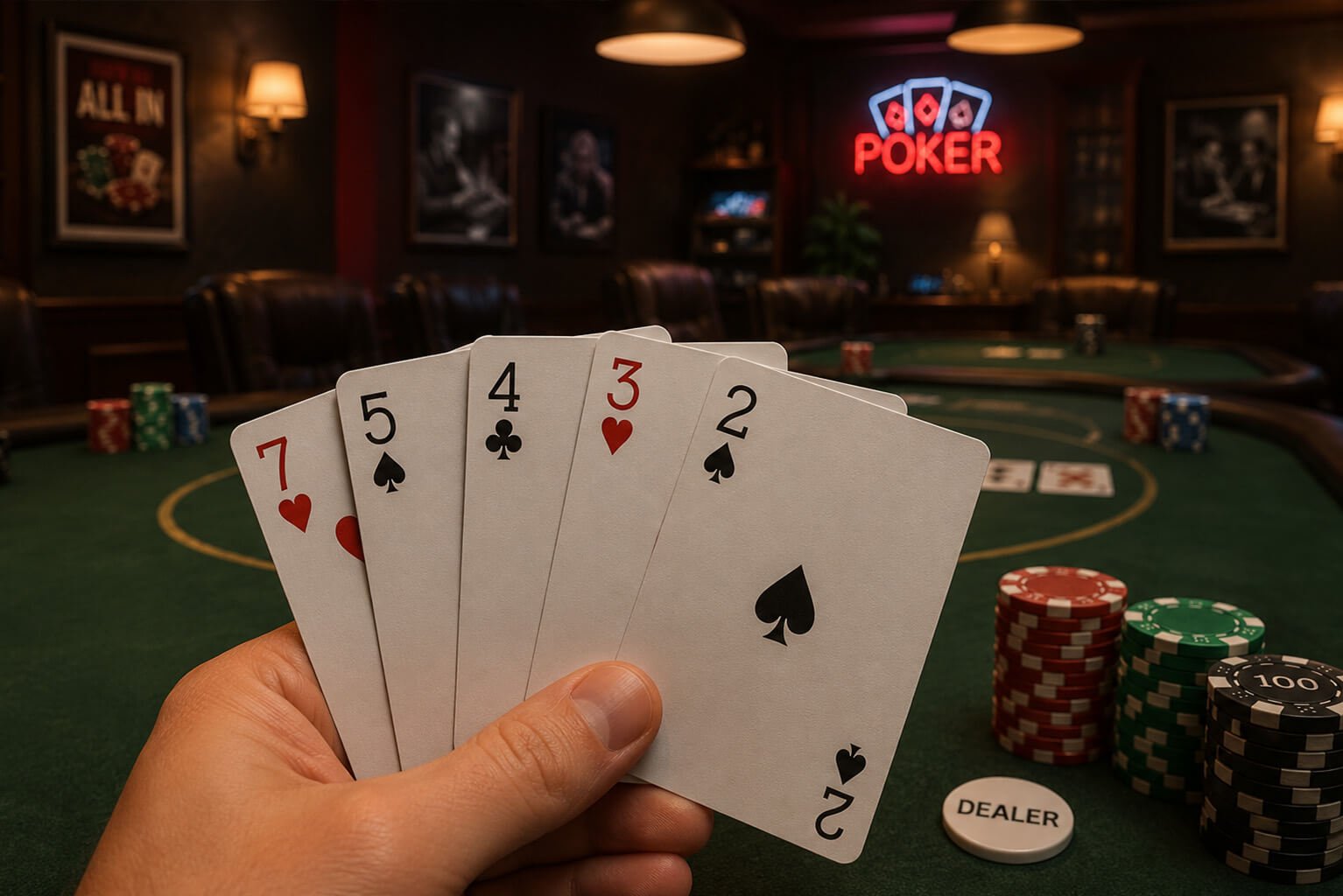 A hand holds five playing cards inside a stylish poker room. The cards show the 7 of hearts, 5 of spades, 4 of clubs, 3 of hearts, and 2 of spades. In the background, a green poker table, stacks of poker chips, and a dealer button are visible under warm lighting. A glowing neon “POKER” sign adds to the classic casino atmosphere.