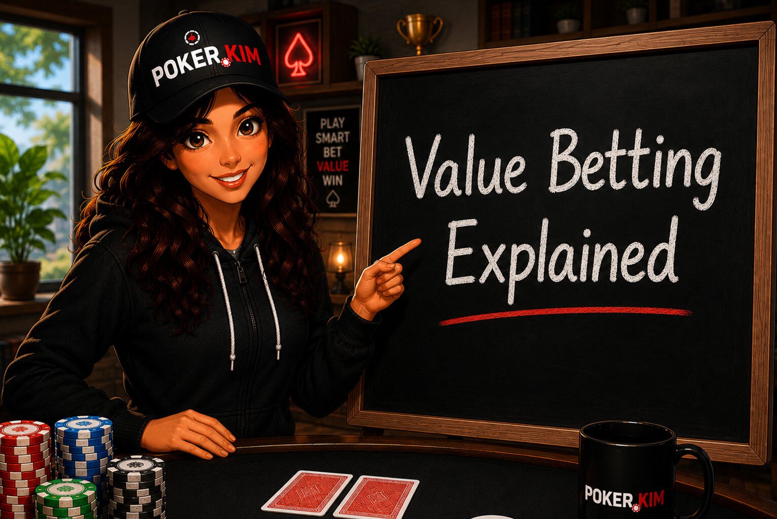Stylized digital illustration of a smiling young woman wearing a black Poker.Kim cap and black hoodie standing beside a classroom-style chalkboard in a modern poker study room. She points toward the board, which displays the title ‘Value Betting Explained’ in large white lettering. In front of her are stacks of colorful poker chips, two face-down playing cards, a white dealer button, a Poker.Kim coffee mug, and a poker table with Poker.Kim branding. The room features bookshelves, warm lighting, indoor plants, and poker-themed décor, creating a welcoming educational setting for learning value betting strategy in poker.
