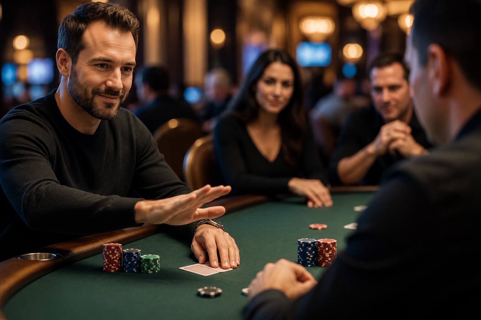 A group of poker players sits around a casino poker table, with one player making a clear hand gesture to indicate an action while keeping their cards protected. The scene highlights proper casino poker etiquette, including respectful behavior, organized chip stacks, and attentive play in a professional poker room.