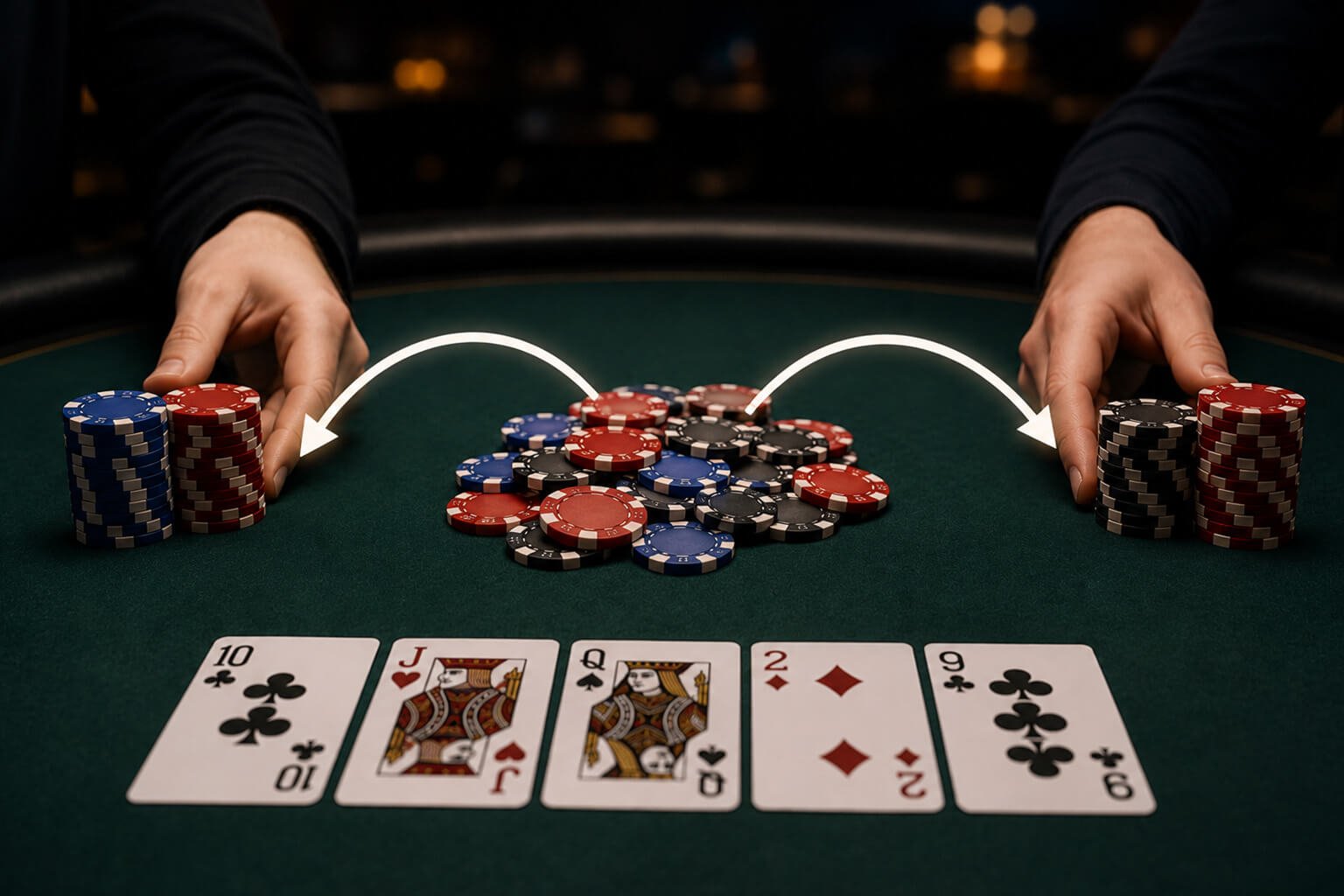 Two poker players split the pot after a tied hand, with equal stacks of poker chips being pushed from the center of the table toward each player. Community cards remain face up on the felt, while curved arrows visually illustrate the pot being divided evenly between the winners in a dramatic casino setting.