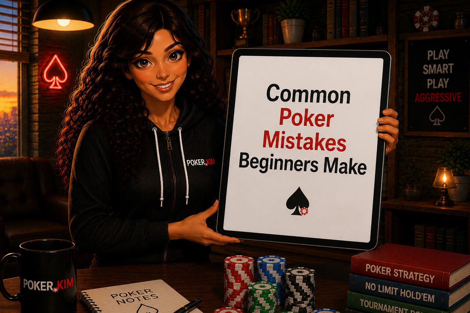 Illustration of a woman in a black Poker.kim hoodie holding a large tablet displaying “Common Poker Mistakes Beginners Make,” surrounded by poker chips, strategy books and poker-themed decorations.