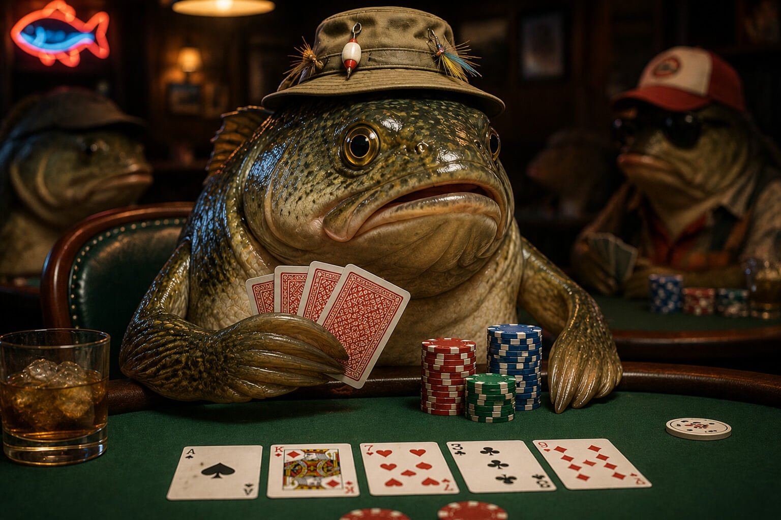 An anthropomorphic fish wearing a fishing hat sits at a poker table holding playing cards during a high-stakes game. Stacks of colorful poker chips, community cards, and a drink rest on the green felt, while other fish players sit in the background, creating a humorous casino scene that playfully represents a recreational poker player, often called a "fish."