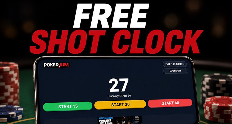 Promotional graphic for a free poker shot clock featuring a smartphone in landscape orientation displaying the Poker.Kim Shot Clock interface with a large countdown timer and 15, 30, and 60-second start buttons. The phone rests on a green poker table surrounded by poker chips and playing cards, with bold white and red text reading 'FREE SHOT CLOCK' above.