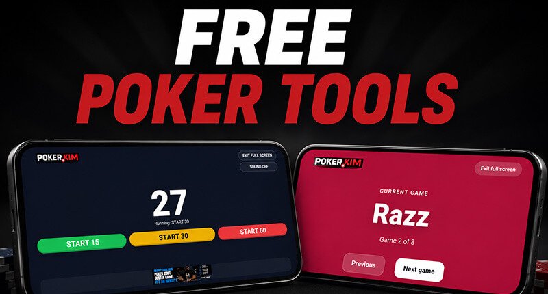 Promotional graphic for free poker tools featuring two smartphones in landscape orientation displaying Poker.Kim applications. One screen shows a poker shot clock countdown timer with 15, 30, and 60-second options, while the other displays a mixed games rotation interface highlighting 'Razz' as the current game. Bold 'FREE POKER TOOLS' text appears above the devices, with poker chips and playing cards in the foreground against a dark, modern background.