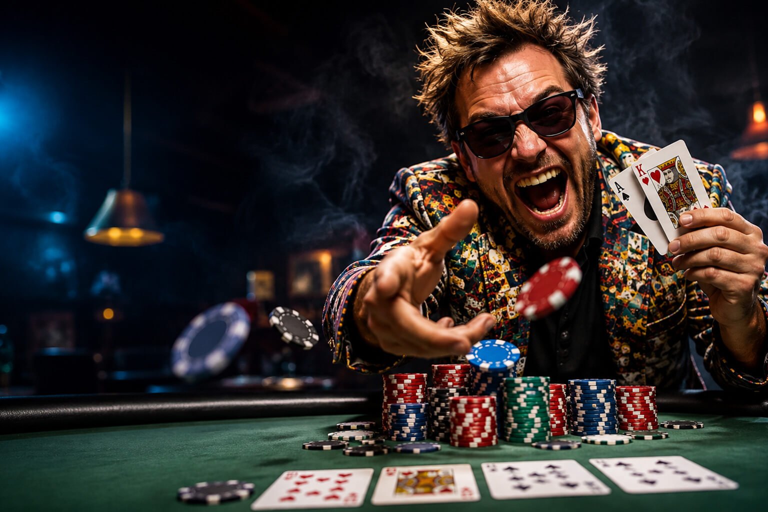 Aggressive poker player in sunglasses throwing chips across the table, illustrating the unpredictable maniac poker playing style.
